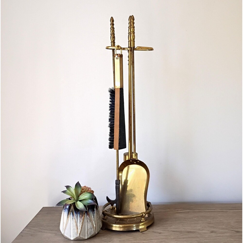 Vtg Brass Fireplace Tool Set of 4 Brass Fire Tools with Stand Brush Shovel Poker